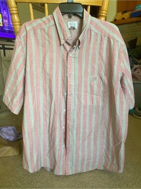 Vintage 90s Brittania Pink and Tan Striped Short Sleeve Button Up Shirt